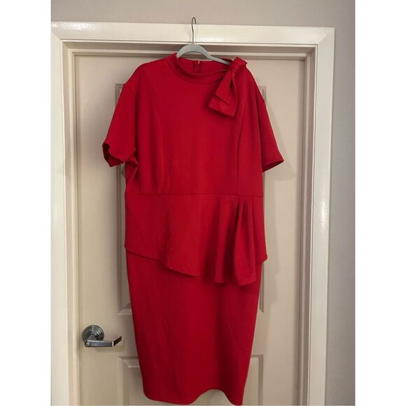 NEW Red Plus Size Bow Peplum Bodycon Pencil Dress 5X - Picture 2 of 4